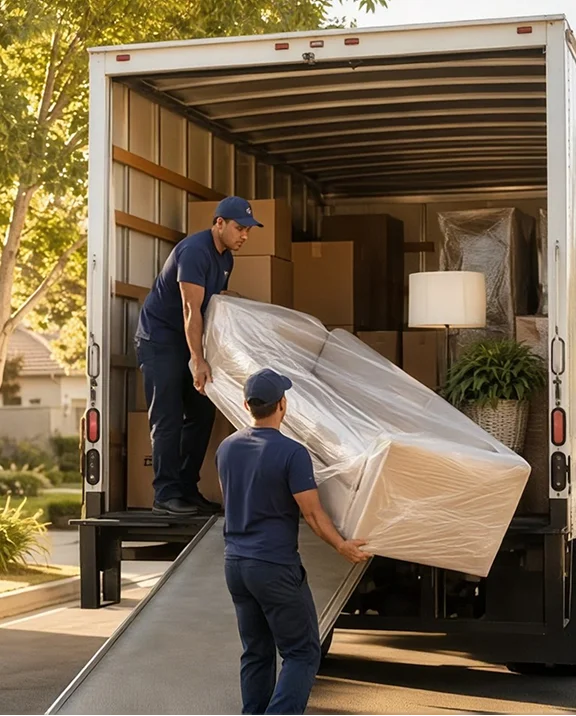 Mover carrying wrapped furniture up a ramp into a rental moving truck