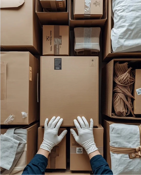 Gloved hands packing fragile items into labeled boxes