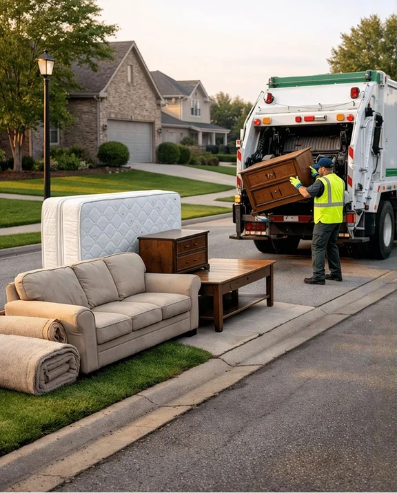 Curbside furniture being loaded onto a hauling truck for junk removal